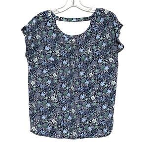 Loft Blue Floral Blouse Top XS Flutter Sleeve Open Back Spring Flowy Tropical